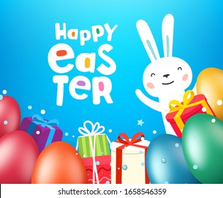 Happy Easter greeting card template with eggs and cute rabbit 