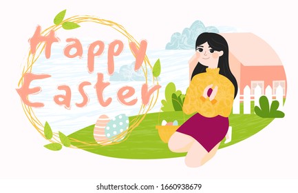 Happy Easter greeting card template. Young girl sits in her backyard with basket of colored ornamented eggs found on Easter egg hunt. Wreath decorated text. Traditional celebrating of Easter holiday.