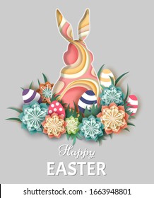 Happy Easter greeting card template. Vector layered paper cut style rabbit in center of floral wreath with Easter eggs.
