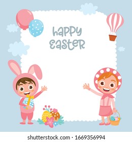 Happy Easter greeting card template. Cute kids in a bright Easter costumes. Girl and boy characters. Easter illustration. Place for your text.