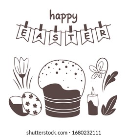 Happy Easter. Greeting card template with easter cake, candle, eggs and spring flowers. Vector isolated Illustration. Season greeting. For postcard, card, invitation, poster, banner.