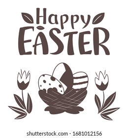 Happy Easter. Greeting card template with easter eggs and tulips. Vector isolated Illustration. Season greeting with spring flowers. For postcard, card, invitation, poster, banner.