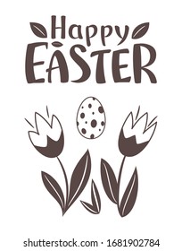 
Feliz Pascua. Plantilla de tarjeta de felicitación con huevo de Pascua y tulipanes. Ilustración aislada por vectores. Saludo de temporada con flores primaverales. Para postal, tarjeta, invitación, afiche, banner.