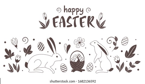 Happy Easter. Greeting card template with easter egg, rabbits and flowers. Vector isolated Illustration. Season greeting with spring flowers. For postcard, card, invitation, poster, banner.