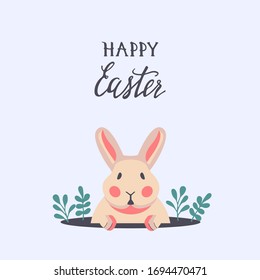 Happy Easter greeting card template with hand drawn lettering. Cute rabbit bunny peeps out of a hole during Easter. Vector illustration holiday Easter symbol. Vintage Spring design.