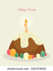 Happy Easter. Greeting card template with easter cake and basket with decorated eggs. Vector isolated Illustration. Season greeting. For postcard, card, invitation, poster, banner.