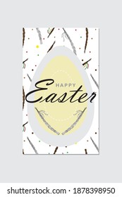 Tarjeta de felicitación feliz de Pascua, plantilla con huevo, ramas de sauce. Ilustración de material vectorial aislada en un fondo gris. Feliz Pascua. Bien por el diseño de primavera y de Semana Santa.