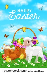 Happy easter greeting card template with lamb baby, hen and chicks on meadow grass, wicker basket with spring flowers and easter eggs, paschal cake or kulich, flying in sky dragonflies cartoon vector