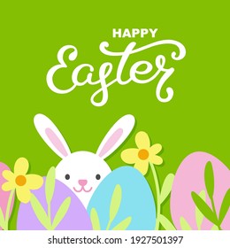 Happy Easter greeting card. Easter template with Easter bunny, flowers and eggs. Egg hunt. Drawn lettering, invitations, posters, banners. Vector illustration.