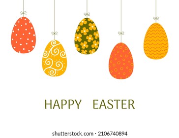 Happy Easter greeting card template. Colorful decorated Easter eggs in flat style. 