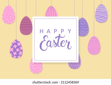 Happy Easter greeting card template. Colorful decorated Easter eggs in flat style. Pink, purple and blue colors