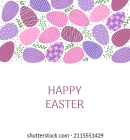Happy Easter greeting card template. Pink, purple and blue decorated Easter eggs and branches in flat style. 