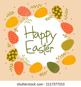 Happy Easter greeting card template. Yellow, green and red decorated Easter eggs and branches in flat style on beige background.