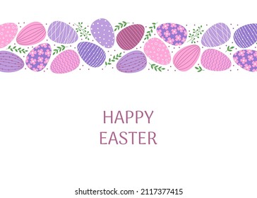 Happy Easter greeting card template. Pink, purple and blue decorated Easter eggs and branches in flat style. 