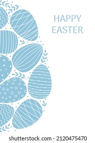 Happy Easter greeting card template.  Blue decorated Easter eggs and branches in flat style.