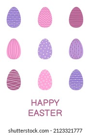 Happy Easter greeting card template. Decorated Easter eggs in pink, purple and blue