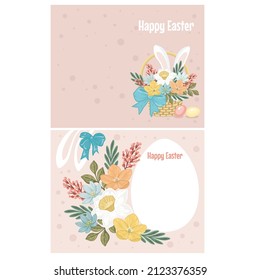 Happy Easter greeting card template with vector hand drawn illustrations with flowers and bunny ears