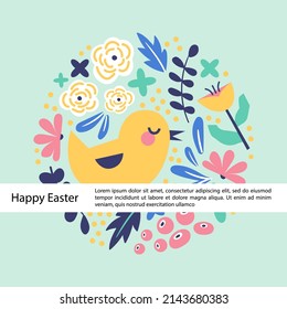 Happy Easter greeting card template on green background. Painted in folk style pattern design. Square card with chicken and spring flowers. Flat vector illustration.