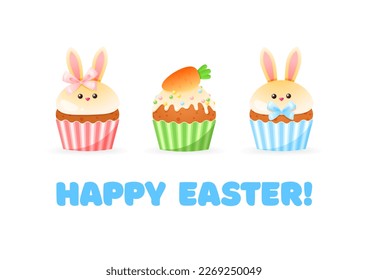 Happy Easter greeting card template. Cute illustrations of funny sweet muffins decorated with a baby girl and a baby boy bunnies and a carrot. Vector 10 EPS.