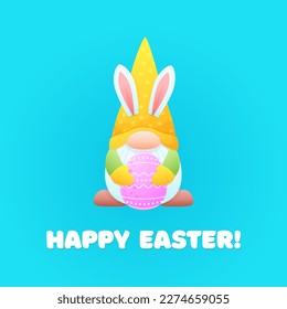 Happy Easter greeting card template. Spring cartoon illustrations of a funny gnome on a blue background. Vector 10 EPS.