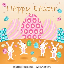 Happy Easter greeting card template with rabbits and colored colored eggs. Vector stylized image in flat cartoon style. Festive greeting design.