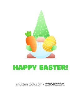 Happy Easter greeting card template. Spring cartoon illustrations of a funny gnome in green holding a carrot and an egg isolated on a white background. Vector 10 EPS.