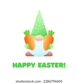 Happy Easter greeting card template. Spring cartoon illustrations of a funny gnome in green holding two carrots isolated on a white background. Vector 10 EPS.
