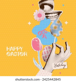 Happy Easter greeting card template in temporary vintage collage style. Square greeting brochure with painting color eggs, rabbit hunt, mouth, tulip. Vector pop art illustration.