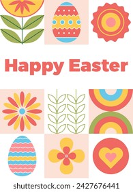 Plantilla de tarjeta de felicitación de Pascua feliz. Cubierta de primavera moderna mosaico geométrico estilo abstracto. Huevos de Pascua, flores de primavera, plantas, corazones. Concepto creativo para banner, invitación, póster, marca, portada 