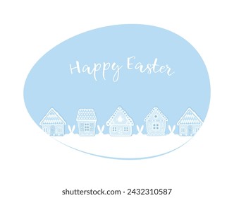 Happy Easter Greeting Card template. Gingerbread village in Easter egg. Spring landscape. Text Happy Easter, gingerbread houses, Easter bunny ears on blue background. Vector illustration