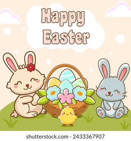 Happy easter greeting card template with two bunnies, chicken and a busket with easter eggs and flowers