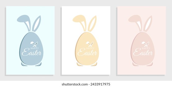  Happy easter greeting card template, posters, holiday covers of different colors. Yellow, pink and blue colors. Vector illustrations.
