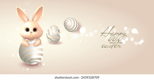 Happy easter greeting card template. Cute bunny in easter egg on white background.
