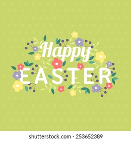 Happy Easter greeting card template with flowers. Vector illustration