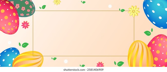 Happy Easter greeting card template. Modern minimal style. Horizontal decoration poster, greeting card, header for website and social media. Minimal nature background. Spring holidays concept.