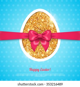 Happy Easter greeting card template with golden egg and pink bow on blue polka dots textured backdrop. Vector illustration. 