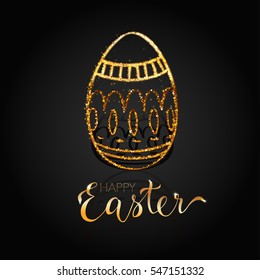 Happy Easter, Greeting Card Template with Hand Drawn Lettering and Golden Egg on Dark Background. Glamorous Holiday Design for Banner or Invitation.