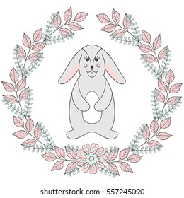 Happy Easter greeting card template. Funny bunny, rabbit with egg in floral wreath.. Childish animal illustration for invitation, kids party, t-shirt print, design. Concept postcard