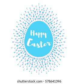 Happy Easter greeting card template. Egg shape frame made of spots, specks, flecks of various size. Dots frame with empty space for your text. Typographic composition.