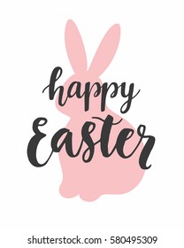 Happy Easter greeting card template with hand written modern calligraphy and Bunny rabbit, isolated on white