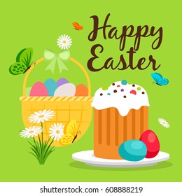 Happy easter greeting card template with Easter basket and Easter cake. Vector illustration