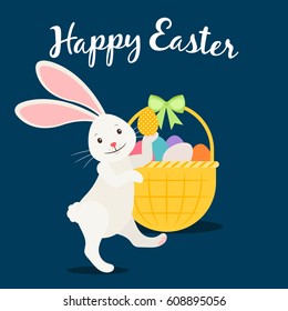 Happy easter greeting card template with rabbit and Easter eggs. Vector illustration