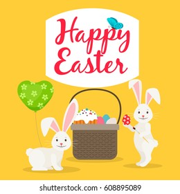 Happy easter greeting card template with Easter basket and rabbits. Vector illustration