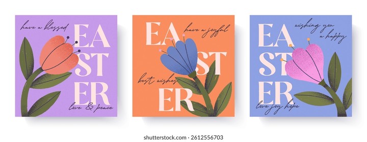 Happy Easter greeting card templates.Trendy designs with bold typography and hand drawn blooming flowers.Seasonal illustrations for spring holiday decor,prints,invitations,offers,covers