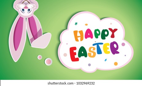 Happy Easter greeting card with text in a thinking card and topsy-turvy Easter Bunny isolated on a green background.Vector illustration for holiday greeting.