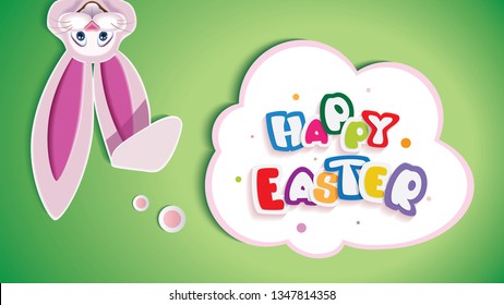 Happy Easter greeting card with text in a thinking cloud and topsy-turvy Easter Bunny isolated on a green background