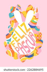 Happy Easter greeting card. Text in Spanish Feliz Pascua. Geometric colorful eggs, rabbit silhouette, bunny ears, typography. Banner, poster template Vector illustration