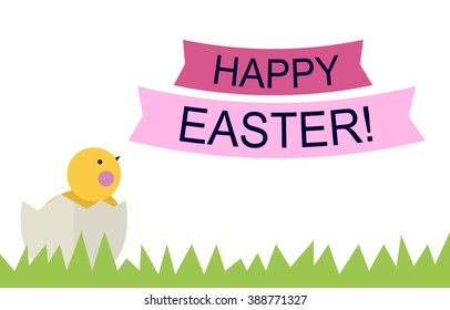 Happy Easter greeting card with text on a  pink ribbon and chicken in egg shell on the grass