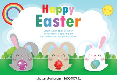 Happy Easter greeting card. Three Little Rabbit holding Easter eggs,  Rabbit Bunny Easter banner template isolated on Background