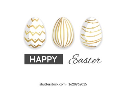 Happy Easter greeting card. Three eggs with golden pattern. Vector illustration